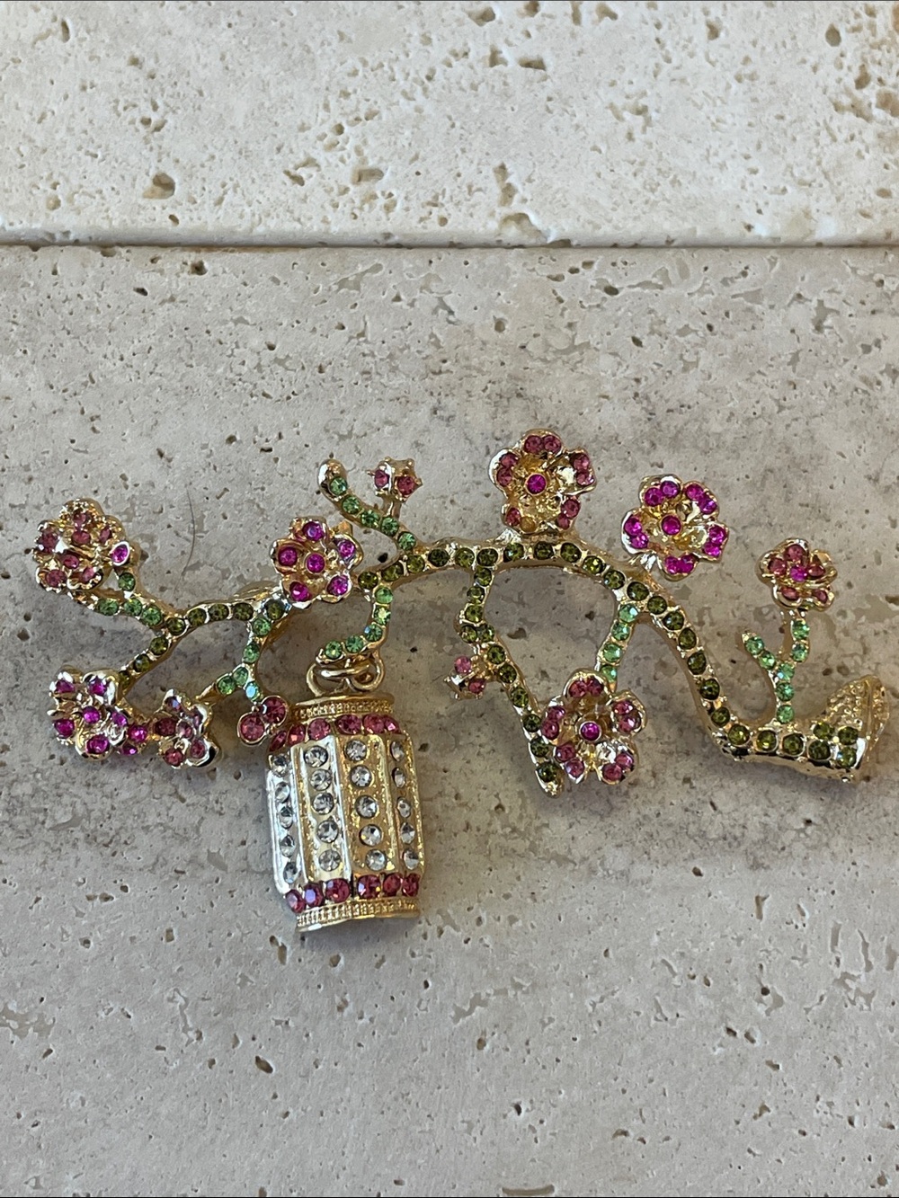 Anthropologie Gold-Tone Pink & Green Floral Lantern Brooch
